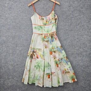 Lazybones Women's Multicolor Tropical Cotton Tiered Midi Dress Palm Tree Scene